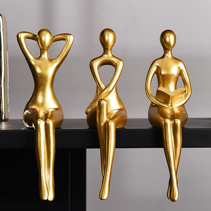 Quoowiit Gold Decor Thinker Statue Decor Book Shelf Decor, Abstract Statue Ornament Office Decor Modern Home Decor Decorations for Living Room Collectable Figurines Coffee Table Decor 3 Piece