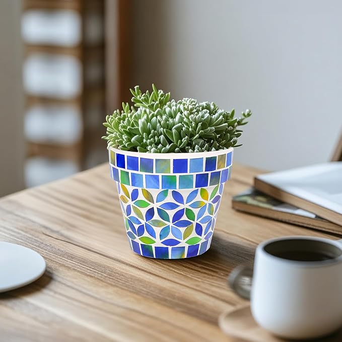 Small Mosaic Plant Pot Flower Pots Ceramic Planter with Drainage Hole Small Ceramic Pot for Indoor Outdoor Plants Succulent Pots Blue with Flower Design