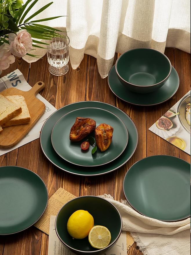 Famiware Venus Plates and Bowls Sets, 12 Pieces Stoneware Speckled Dinnerware Sets, Dishes Set for 4, Microwave and Dishwasher Safe, Matte Dark Green