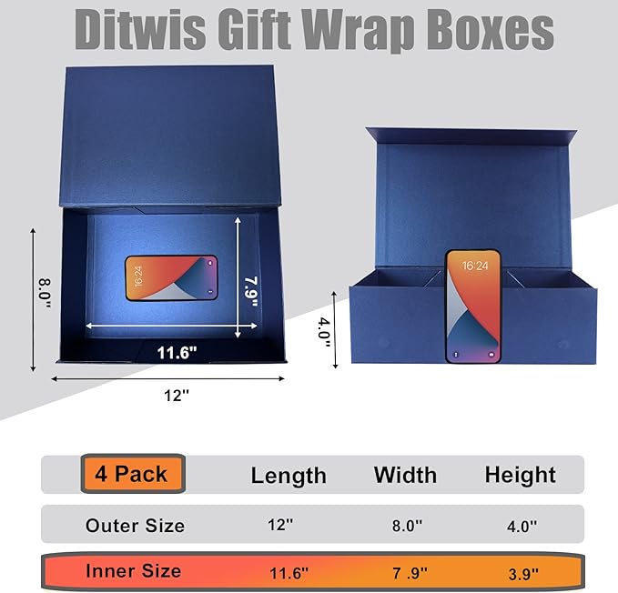 4 Pack 12x8x4 Inches Gift Boxes with Magnetic Closure Lids, Blue Magnetic Box for Wedding, Groomsmen Bridesmaid Proposal, Birthdays, Mother's Day