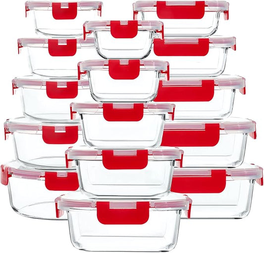 M MCIRCO 30 Pieces Glass Food Storage Containers with Upgraded Snap Locking Lids,Glass Meal Prep Containers Set - Airtight Lunch Containers, Microwave, Oven, Freezer and Dishwasher Friendly, Red