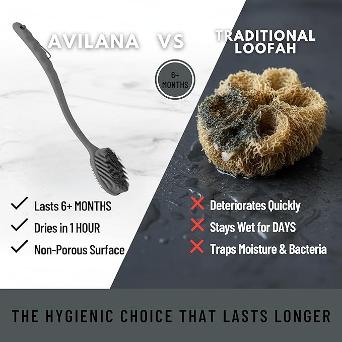 Long Handle Back Scrubber for Shower - 19 inch Extended Reach Silicone Body Brush - Avilana Bath Scrubber Extended Reach Tool - Easy Grip Body Wash Brush Gift