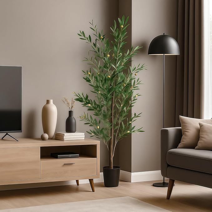 2-Pack 6ft Real Touch Faux Olive Tree with 1390 Leaves & 86 Olives, Indoor Potted Fake Plants, Nearly Natural Artificial Plants for Home Office Decor