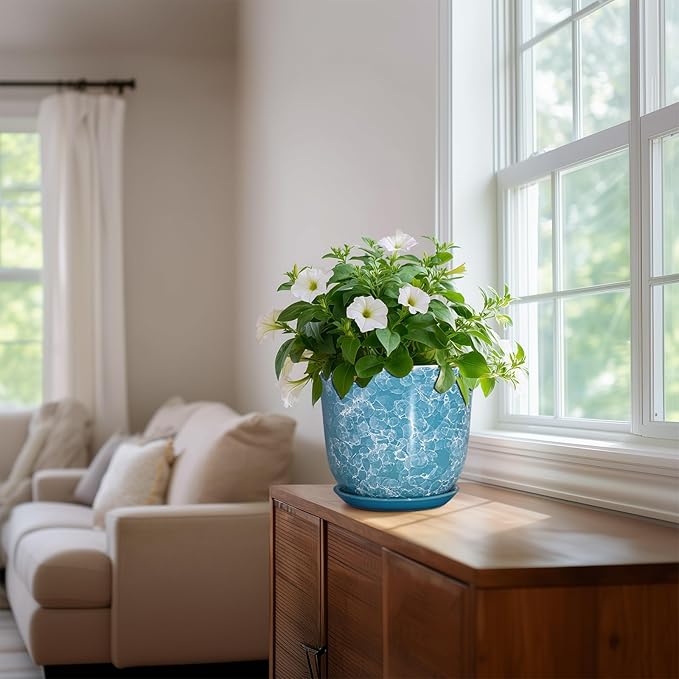 8 Inch Plant Pot - Ceramic Planter with Drainage Hole and Saucer, Round Planter for Indoor Outdoor, Modern Planter, Decorative Flower Pot, Apartment Garden Home Decor, Gardening Gifts, Blue