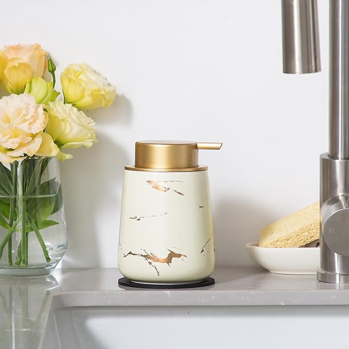Enra Ceramic Gold Soap Dispenser, 12 oz Modern Liquid Hand Soap Dispenser for Bathroom Kitchen with Easy-to-Press(Glod Liquid Type-Beige)