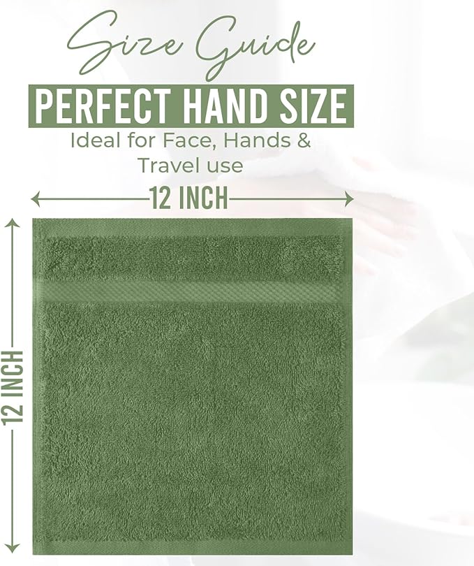 DAN RIVER 12-Pack Premium 100% Cotton SAGE Green Face Towels – Reusable Face Towel Set, Soft & Absorbent Body wash Cloths – Hand and Face Towels, 550 GSM (12x12 in)