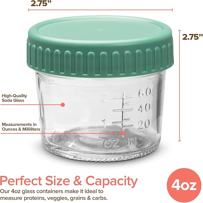 Stock Your Home Glass Bariatric Portion Control Containers (6 Pack), 4 oz Mini Food Storage Jars with Leakproof Lids, Color Coded Meal Prep Containers for Bariatric Meals, Snacks and Baby Food