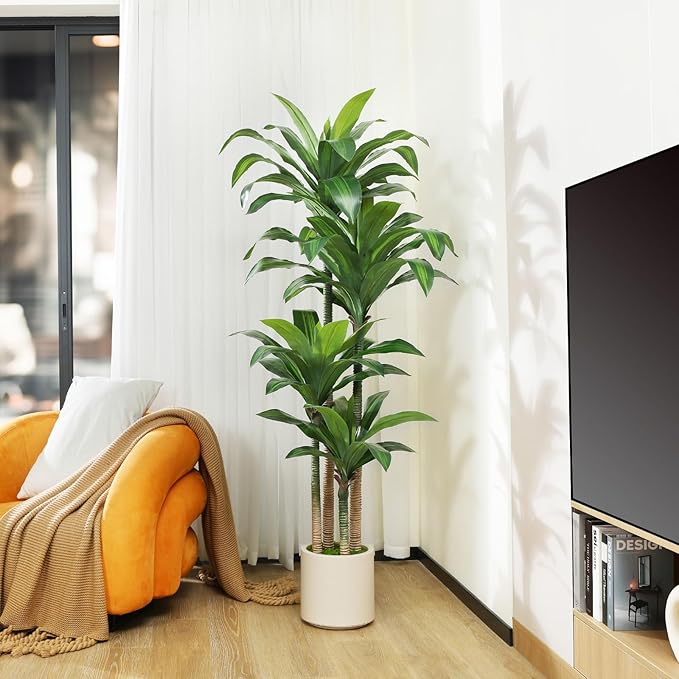 Artificial Dracaena Tree 6ft, Tall Fake Dracaena Plants with White Planter, Faux Dragon Tree Indoor Floor Plant for Home Decor Office Living Room Porch Housewarming, 1Pcs