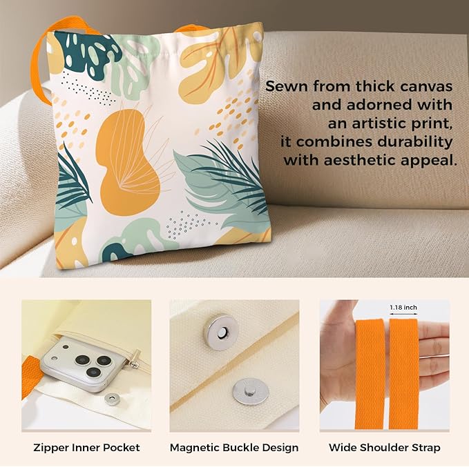 Cute Aesthetic Canvas Tote Bag for Women, Reusable Foldable Shopping Cotton Shoulder Totebag with Zipper Pocket