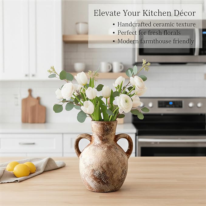 7.1-Inch Terracotta Ceramic Flower Vase with Handles, Rustic Farmhouse Boho Pottery Decor for Table, Living Room & Shelf