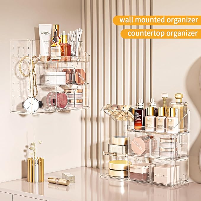 KHNR Makeup Organizer for Vanity,Acrylic Makeup Organizers with Jewelry Organizer,Bathroom Accessories Organizer with Removable Dividers,Bathroom Countertop Organizer for Desk,Vanity,Mirror Cabinet