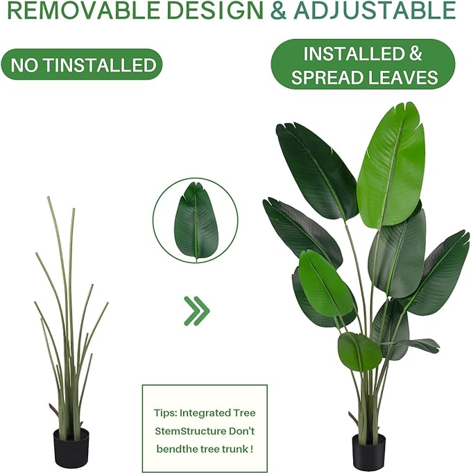 Artificial Bird of Paradise Tree for Home Decor, Fake Plants Areca Palm Tree Fake Silk Banana Leaf Tropical Trees Faux Tropical Palm Potted Dypsis Lutescens for Home Office Decor Housewarming