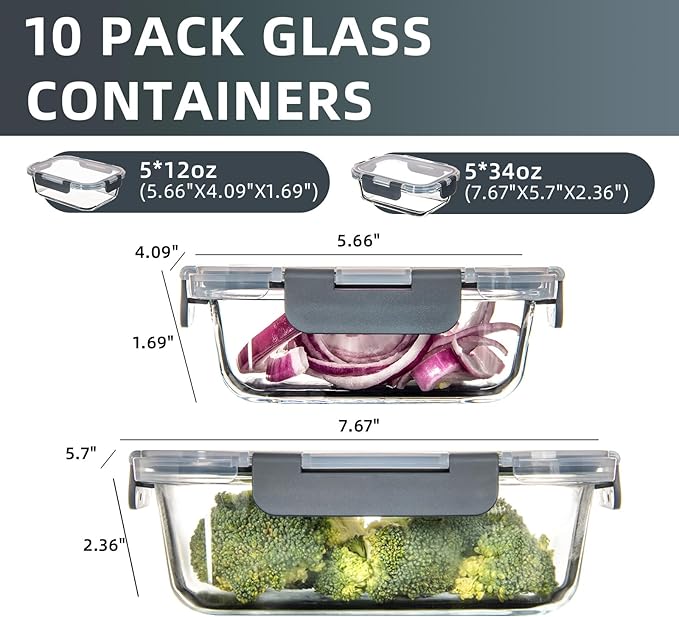 UMEIED Glass Meal Prep Containers - 10 Pack Glass Food Storage Containers with Lids for Lunch, On-the-Go, Leftovers, Pantry Organization - Microwave, Oven, Freezer, and Dishwasher Safe