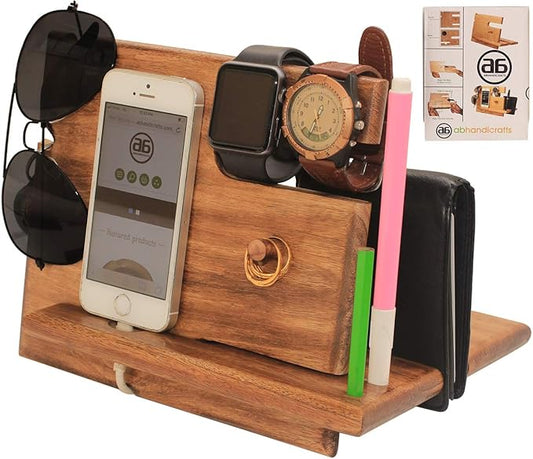 wood phone docking station for men - Night Stand Organizer for Cell Phone Stand, Key Holder, Wallet Stand Watch irthday Gifts for Mom, Dad - Anniversary Idea from Wife