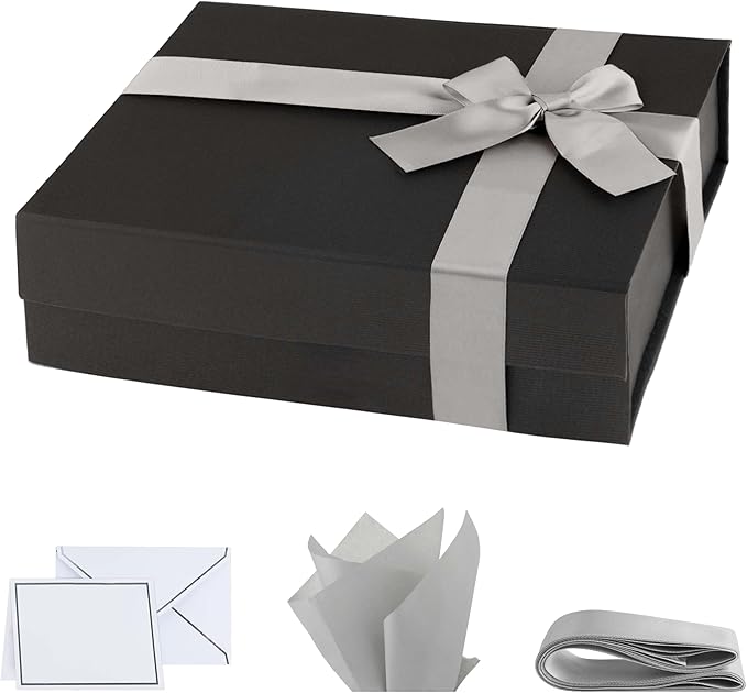 Purple Q Crafts Premium Black Gift Box with Magnetic Closure 5 PACK - 10x7x3 inches - Includes Ribbon and Gift Card - Elegant Presentation Box for All Occasions