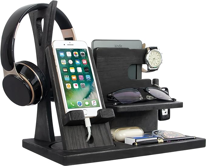 Gift for Men Nightstand Organizer with Headphone Stand & Rotating Phone Stand, Stylish Headphone Holder to Keep Desk Accessories for Men Organized, Unique Dad Birthday Gift, Gifts for Boyfriend