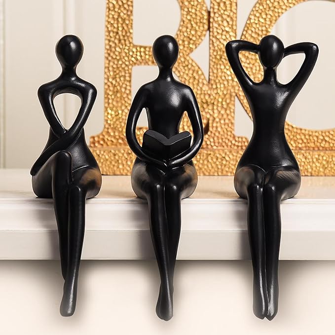 Quoowiit Black Thinker Statue Book Shelf Decor, Minimalist Modern Home Decor Collectable Figurines Office Desk Unique Coffee Table Decorations for Living Room 3 Piece