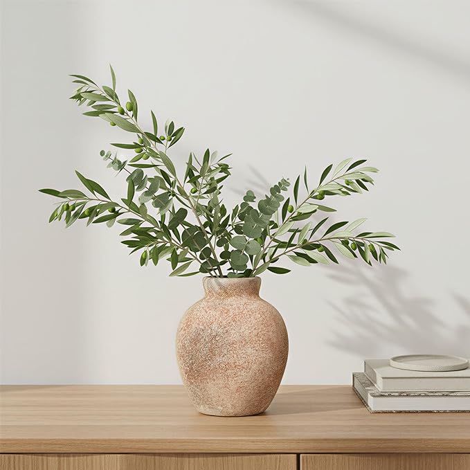 Ceramic Flower Vase, 6-Inch Terracotta Pottery Rustic Farmhouse Boho Vase, Handcrafted Decorative Vase for Home Decor, Centerpieces, Table, Living Room, Mantel, Shelf