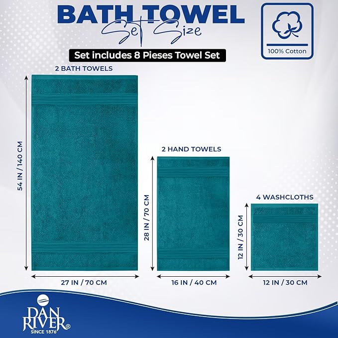 DAN RIVER 8 PC Luxury Bath Towels for Bathroom, 2 Bath, 2 Hand, and 4 Wash Cloths, 600 GSM 100% Ring Spun Cotton Towel Set, Highly Absorbent, Gym, Hotel, and Spa, Teal