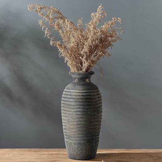 Ceramic Natural Rustic Vase, 14.4 Inch Large Vintage Flower | Threaded Decorative | Farmhouse Tall Vase for Home Decor, Living Room, Shelf Decor, Gift, Bronze