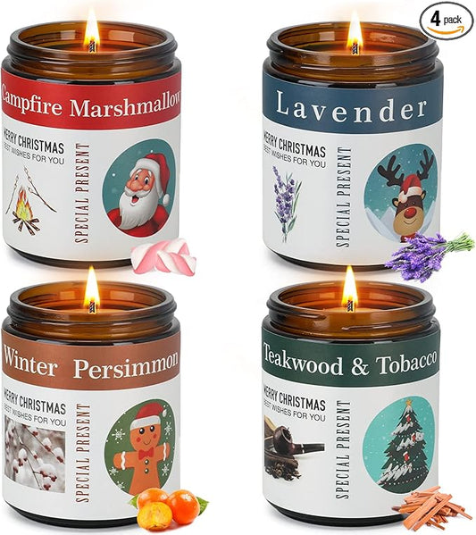 4-Pack Christmas Candles for Home Scented,7.1 oz Soy Wax Holiday Gifts Set with Festive Stickers - Kaki Persimmon, Lavender, Teakwood Tobacco, Bonfire Marshmallow for Home Decor, Aromatherapy