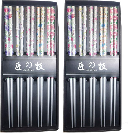 JapanBargain 4513, 2-Pack Reusable Bamboo Chopsticks Set, 5 Pairs Gift Boxed, 9 Inch Japanese Chinese Korean Wood Chopsticks Silver Flora Design, Dishwasher Safe, Hair Sticks