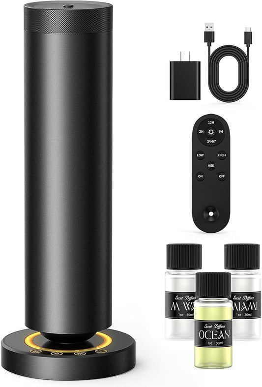 Waterless Diffuser with 90ML Essential Oils, Covers 1000 Sq Ft, Diffusers for Home Hotel, Adjustable Mist & Timer, Scent Diffuser Starter Kit with Night Light, Black