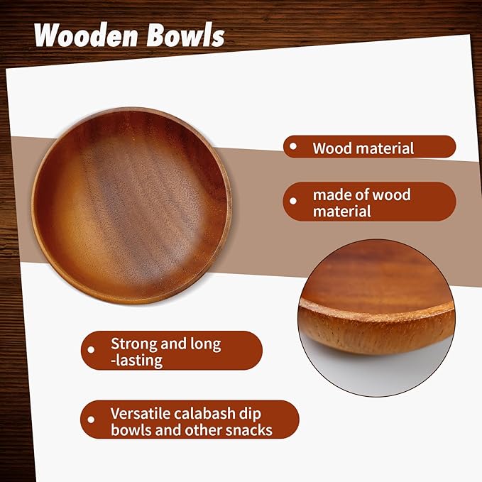 12 Pcs Acacia Wooden Bowls,Hand Carved Small Calabash Bowls, Round Wood Salad Dip Tray for Serving Popcorn, Pasta, Candy, Cereal, Coconut, Nuts, Sauce, Appetizers in Kitchen (4 Inch)