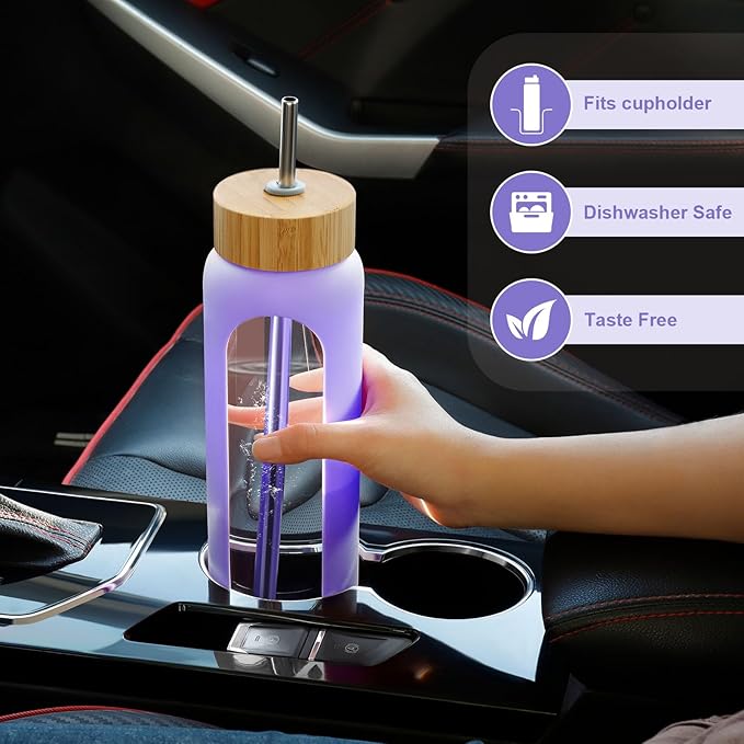 32 oz Glass Water Bottles - 1 Liter Motivational Tumbler Water Bottle Time Marker - Borosilicate Glass Water Bottle With Silicone Sleeve and 2 Lids, Handle Spout & Bamboo Straw Lid