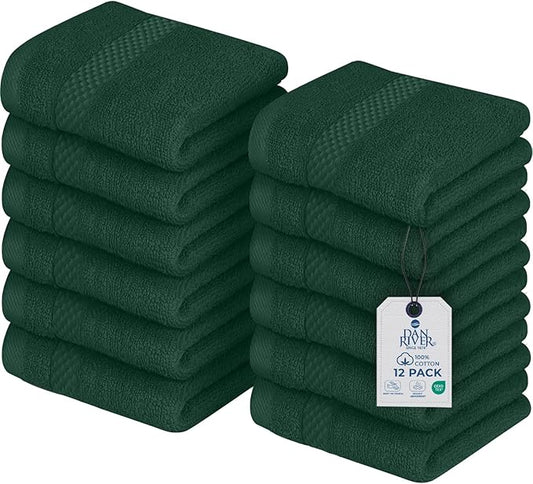 DAN RIVER 12-Pack Premium 100% Cotton Huntergreen Face Towels – Reusable Face Towel Set, Soft & Absorbent Cleaning Rags for Bathroom & Body – Hand and Face Towels, 550 GSM (12x12 in)