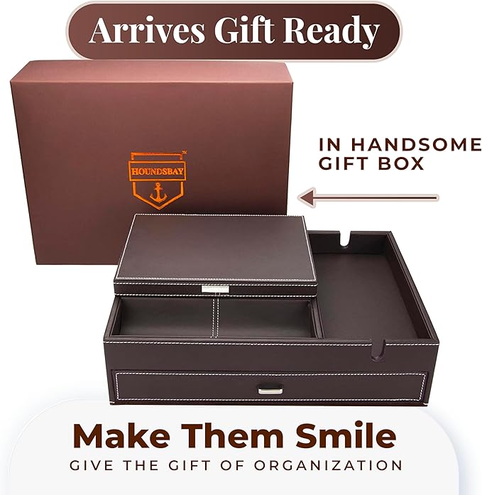 Mens Watch Box Leather Valet Tray - Bedside Table Organizer, Men's Jewelry Box, Watch Case for Men with Large Smartphone Charging Station - Jewelry Box for Men with Valet Box and Nightstand Organizer