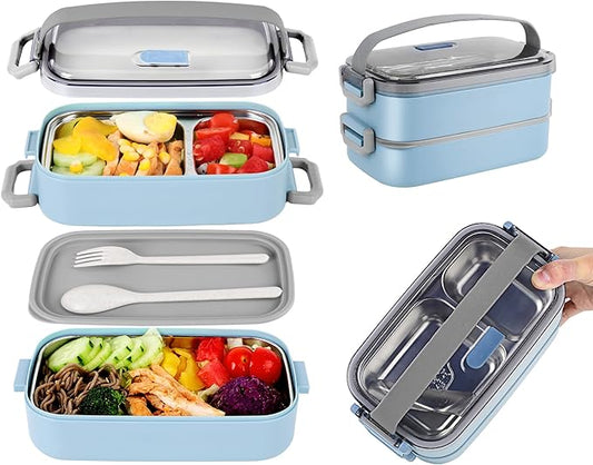 Bento Lunch Box for Kids Women Men, 47oz 2-Compartment Snack Salad Food Prep Pack Container for Lunch, Stainless Steel 2 Layers Stackable Lunch Containers for Adults and Teens Light Blue
