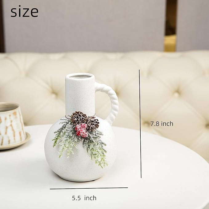 Ceramic Vase with Handles, Minimalist Modern Home Decor, Small Pampas Grass Vases for Table, Shelf Bookshelf, Mantel, Entryway Decorative Flower Vase Centerpieces for Dining Table