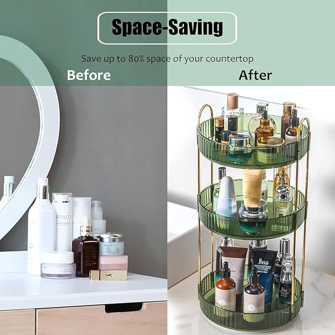 Rotating Makeup Organizer Countertop 3 Tier Lazy Susan Trays Clear Skincare Perfume Storage for Bathroom Counter Vanity, Green Gold