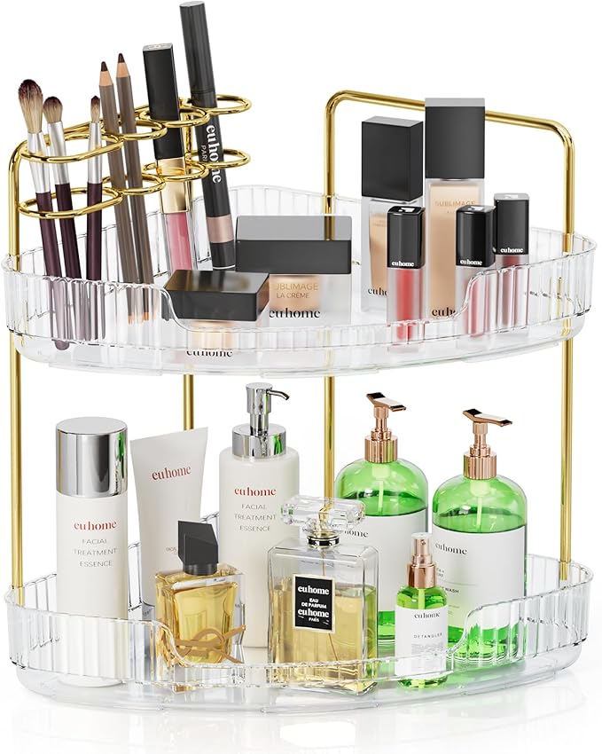 2-Tier Corner Bathroom Organizer Counter - Acrylic Makeup Skincare Organizer with Brush Holder, Perfume Tray for Countertop, Vanity, Dresser, Kitchen（Clear）