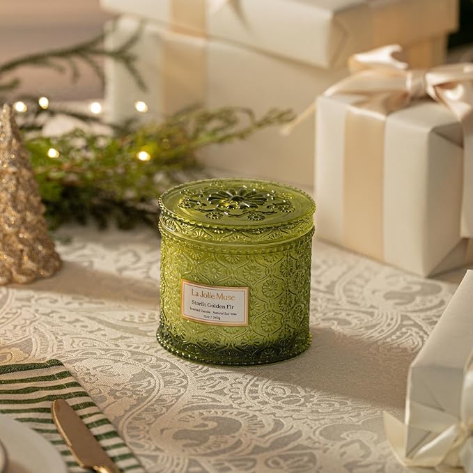 LA JOLIE MUSE Christmas Candle | Starlit Golden Fir | Fir Balsam, Cedarwood & Smoke | 12 oz Soy Candle, Double Wick | 60 Hours Clean Burn | Christmas Gift for Women & Family