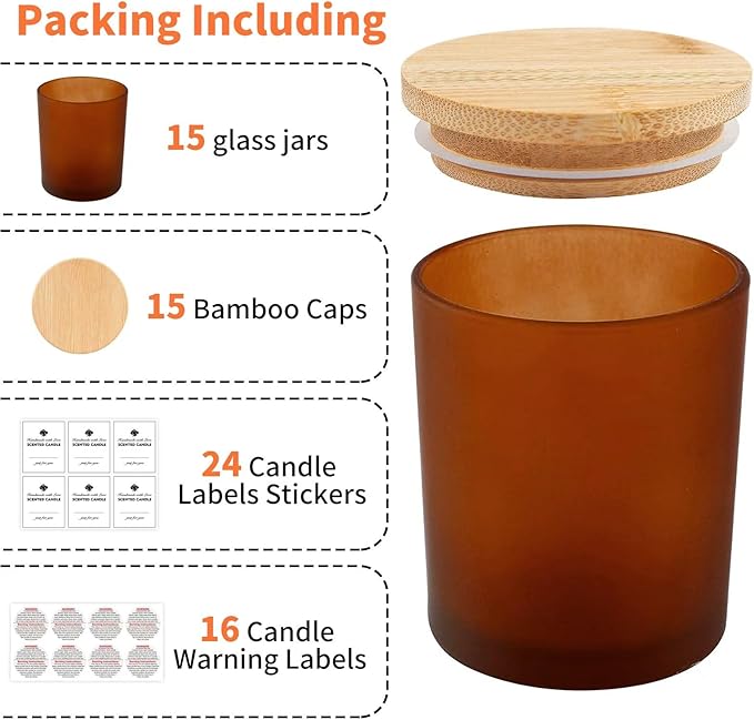 15 Pack Candle Glass Jars- 7oz Frosted Amber Empty Candle Containers with Bamboo Lids and Sticky Labels, Matte Brown Jars in Bulk for Making Candles- Dishwasher Safe-7 fl.oz