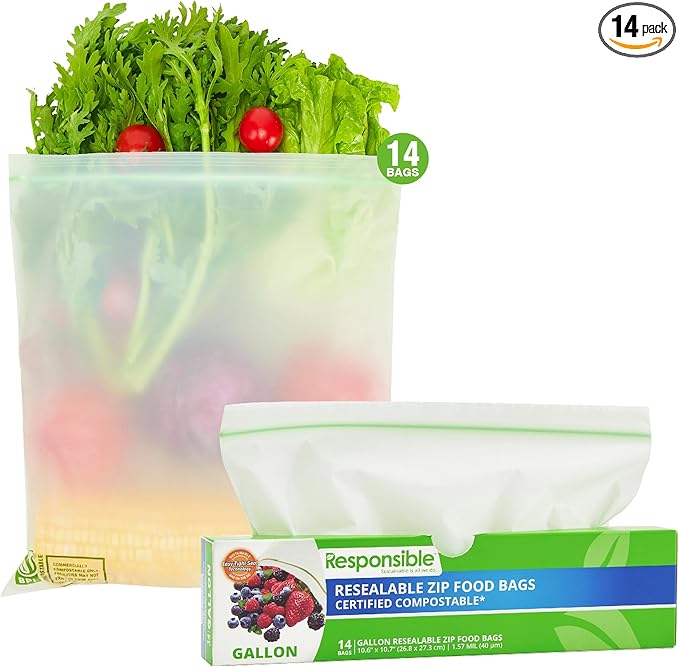 Responsible Products Certified Compostable Large GALLON Resealable Zip Bag, Extra Strength Food Bags, Made from Plant Materials (14 Pack)