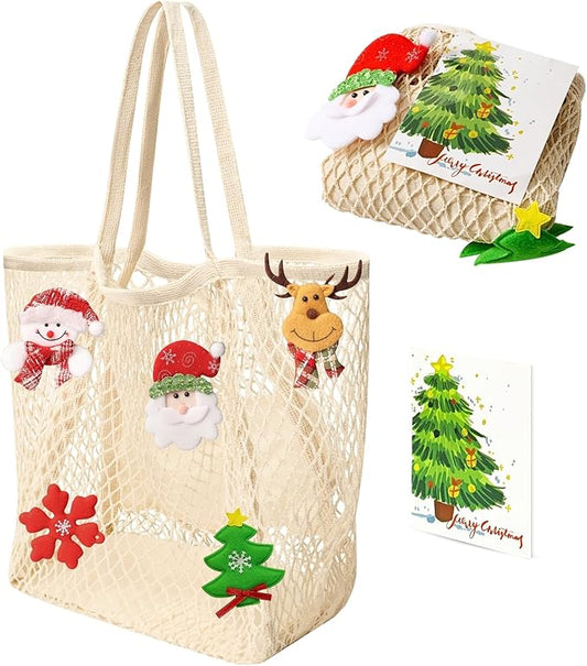 Ofiray-home Cotton Christmas Tote Bag for Woman, Reusable Mesh Grocery Bags with Handles, Greeting Card, Ideal Xmas Gift