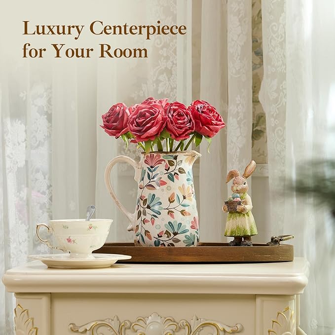 Vintage Colorful Flower Ceramic Vase with Handle, Retro Ice Glazed Crack Farmhouse Pitcher Vase for Home Decor, Living Room, Shelf, Office, Rustic Table Centerpiece 7 Inch