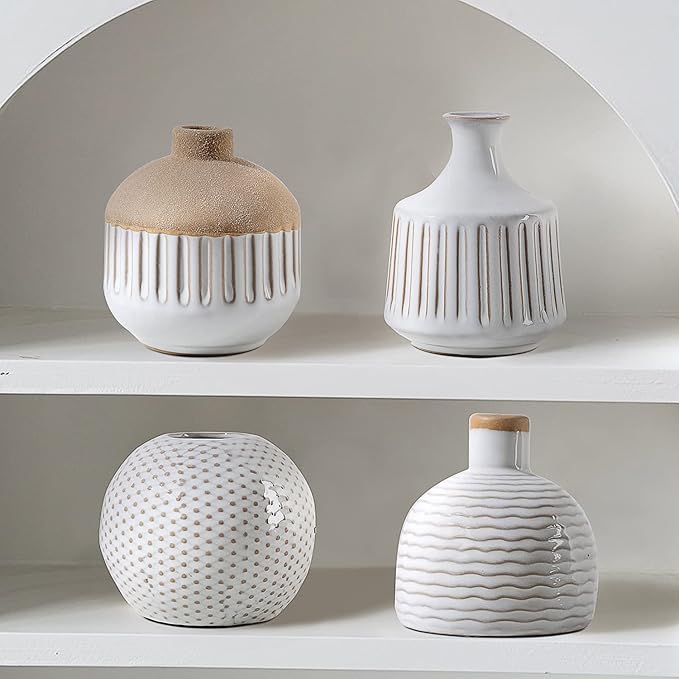 Boho Minimalist Small Ceramic Vase Set of 4 for Bedroom Living Room Office Fireplace Centerpiece Antique White Vintage Farmhouse Rustic Retro Flower Vases Home Decor Gift for Fake Plants