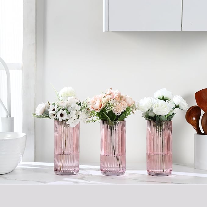 Pink Glass Vases, Flower Vases Set of 3, Ribbed Glass Vase for Tulips, Tall Cylinder Glass Vases for Living Room, Bedroom, Dining Table, Office, Wedding, Bookshelf Decoration, 8 Inches