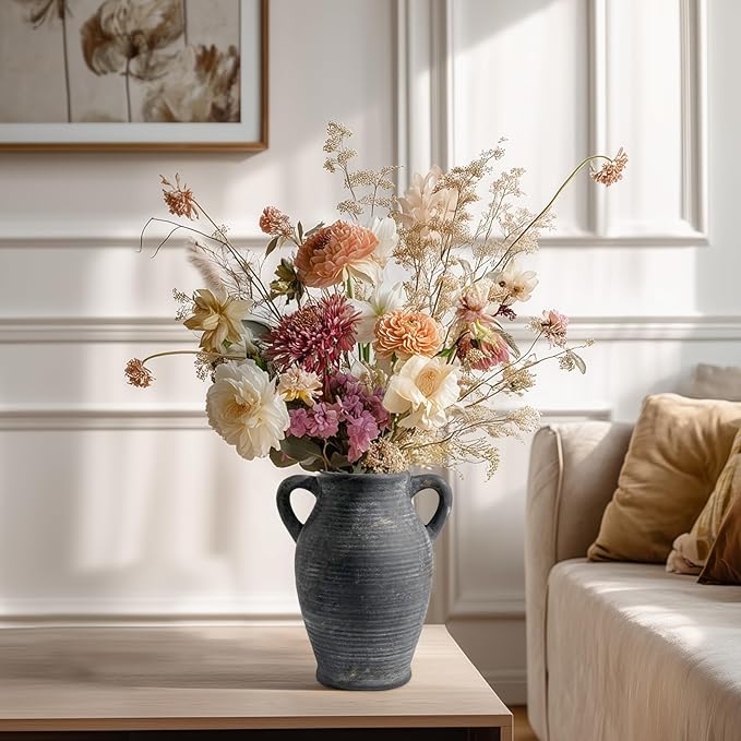 Sunddo Black Vases Home Decor, Rustic Farmhouse Ceramic Vase with 2 Handles, Vintage Stone Pottery Decorative, Living Room, Shelf Enterway, Wedding, Table Decor