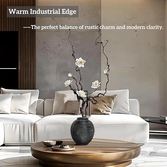 Large Black Ceramic Vase, 9.8 inch Round Minimalist Textured Flower Vase, Rustic Farmhouse Decor for Home, Living Room, Shelf, Table, Bathroom & Entryway Decoration (Black Bronze)