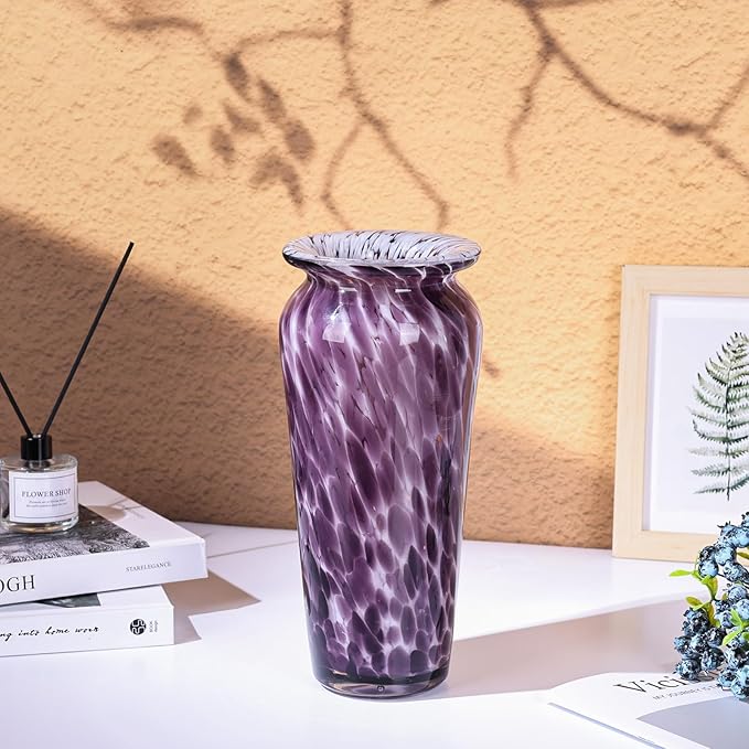 Blown Glass Purple vase, Purple Home Decorations, Modern Art Wide Mouth vase for Living Room Dining Table Coffee Table entryway TV Cabinet nightstand Centerpiece.
