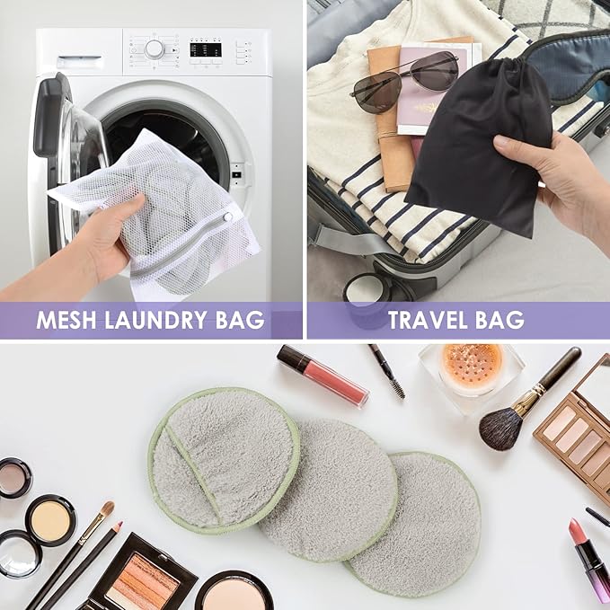 SUNLAND Reusable Makeup Remover Pads for Face,Eye,Lips 16 Pack Microfiber Face Cleansing Gloves Washable with Laundry Bag and Travel Bag Rounds Toner Pads (Round 3.15inchx16, Grey)