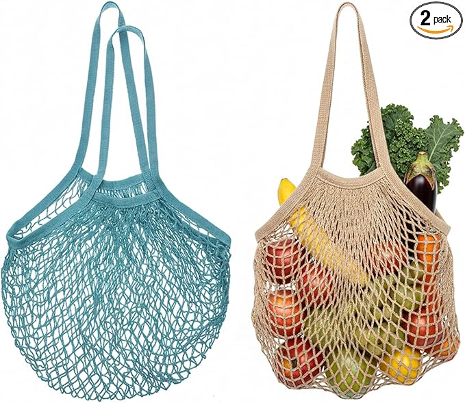 2 Pack Reusable Grocery Bags Cotton Mesh Produce Bags Long Handle Mesh Tote Bag for Fruit & Veggie Storage(Beige and Blue-Gray)