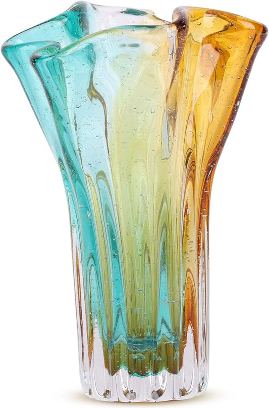 Hand Blown Wide Mouth Petal Glass vase, Colorful Modern Glass Art Home Decoration vase for Family Living Room, Wedding Venue, Dining Table Centerpiece, entryway Tabletop