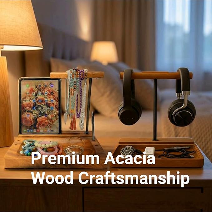 Solid Acacia Wood Multiple Headphone Stand – Multi-Device Holder for iPad, iPhone, Tablets & Phones, Desk Organizer with Tray, Pen & Pencil Holder, 1.5" Thick Base, Wooden Tech Dock