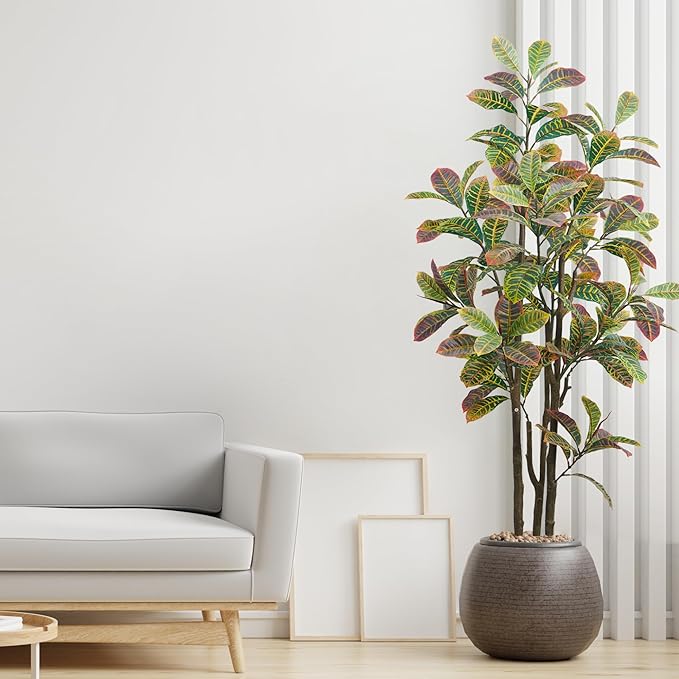 Faux Fiddle Leaf Fig Tree, 6ft Faux Plant Fake Ficus Silk Trees with White Planter, Artificial Fig Trees Floor Plants for House Office Living Room Indoor Home Decor (Golden Fiddle Leaf)